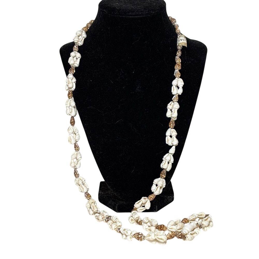 Vintage Handmade Philippines Shell Necklace 36” Long Tropical Boho Cowrie Lei
